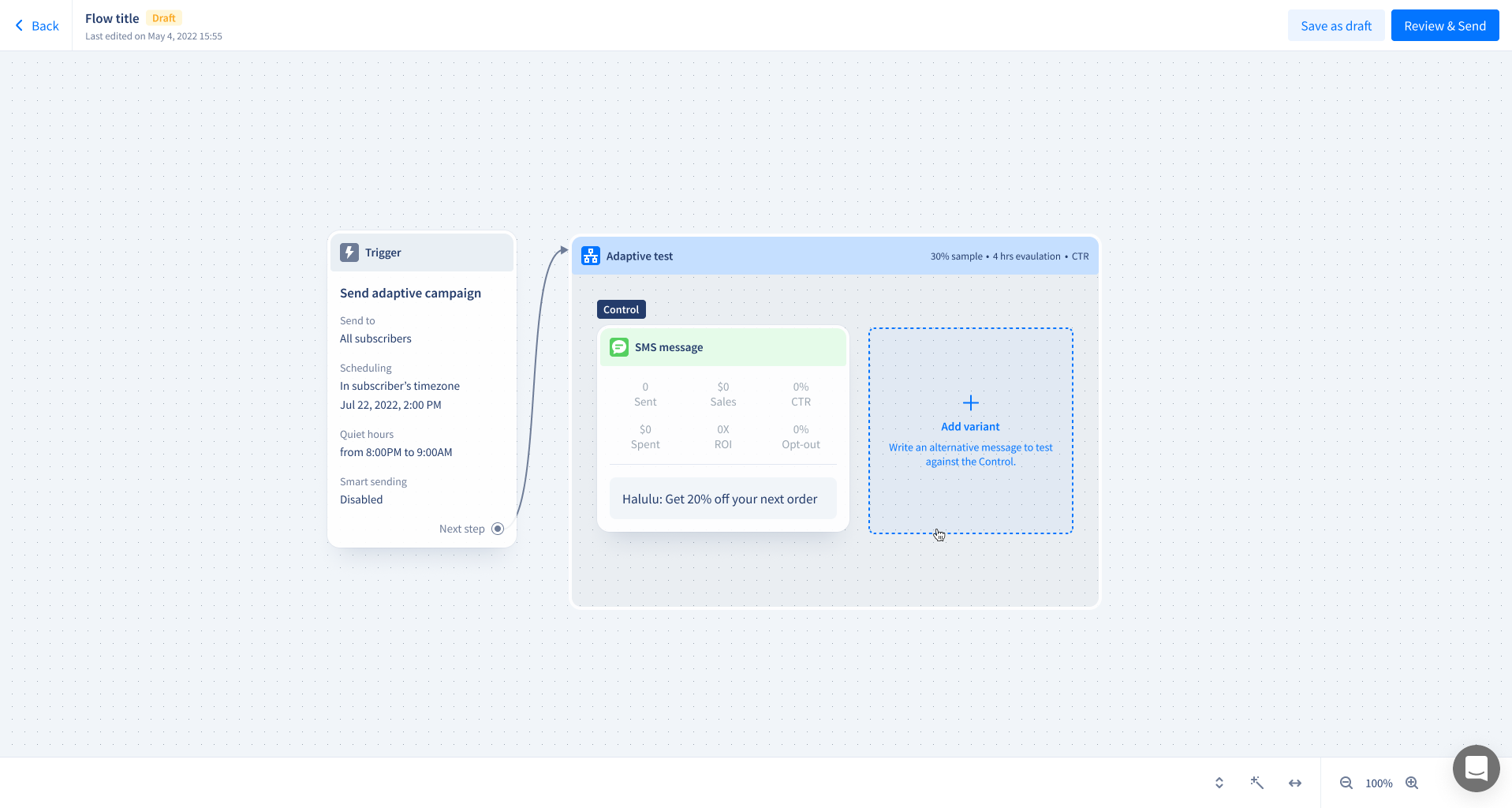 The Trigger settings of an Adaptive campaign: target audience, scheduling, quiet hours and Smart sending