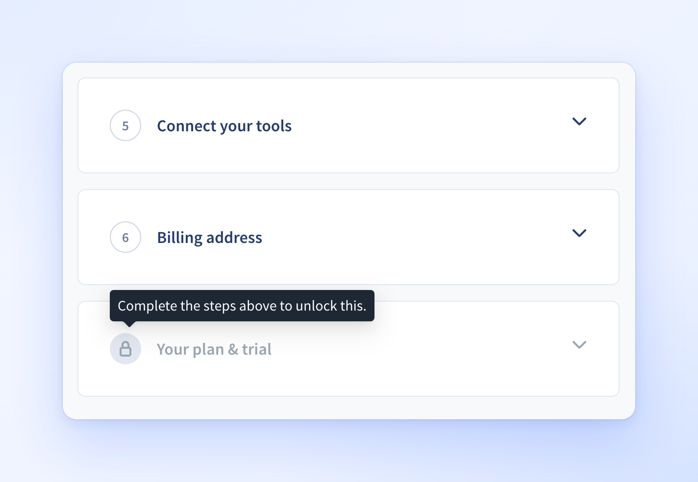 The Your plan and trial step shown locked, with a lock icon and a tooltip asking you to complete the steps above