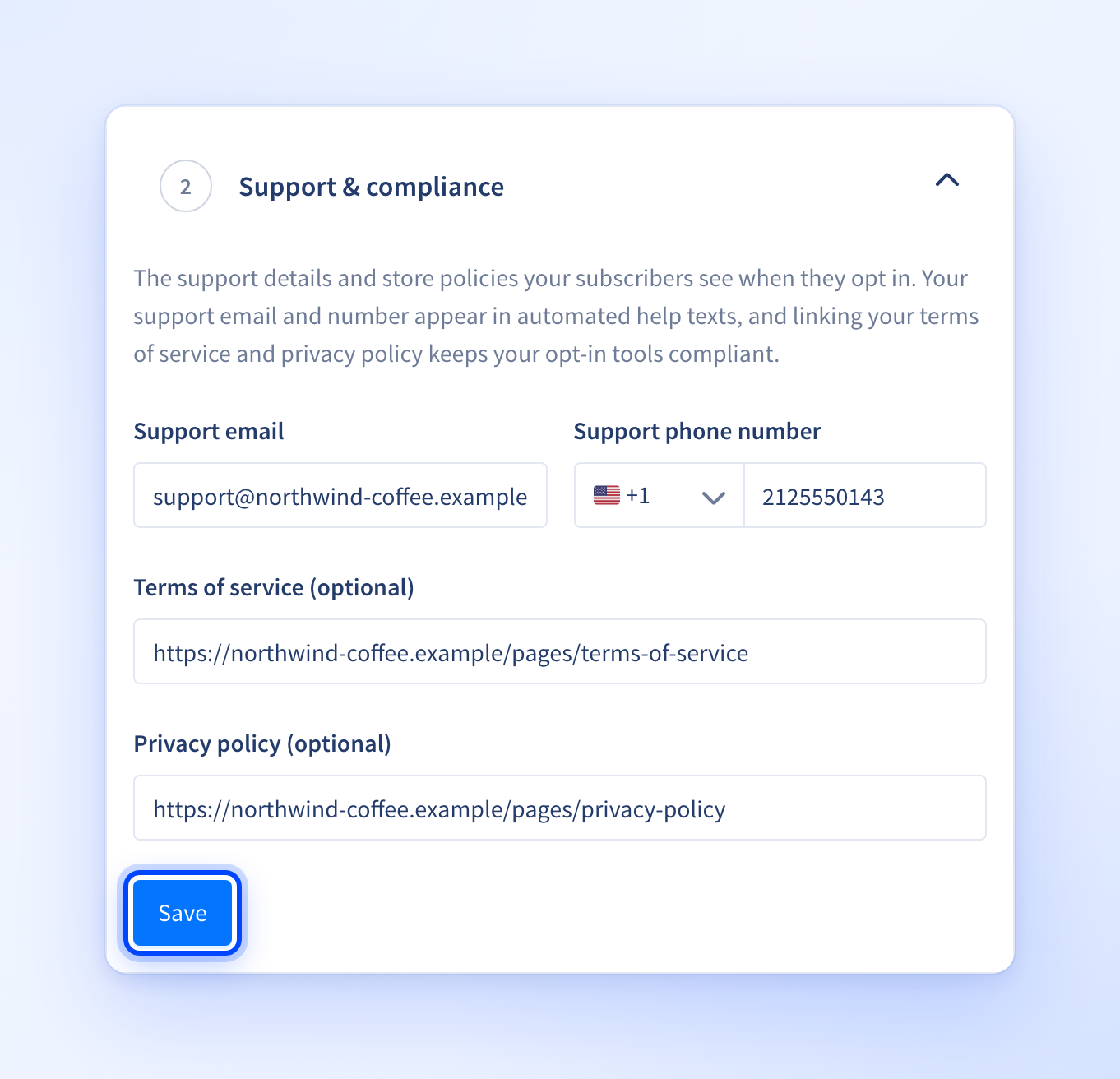 Support and compliance step with fields for support email, support phone number, terms of service and privacy policy links