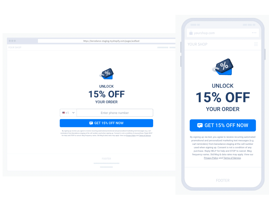 Animation of the landing page opt-in journey on desktop and mobile