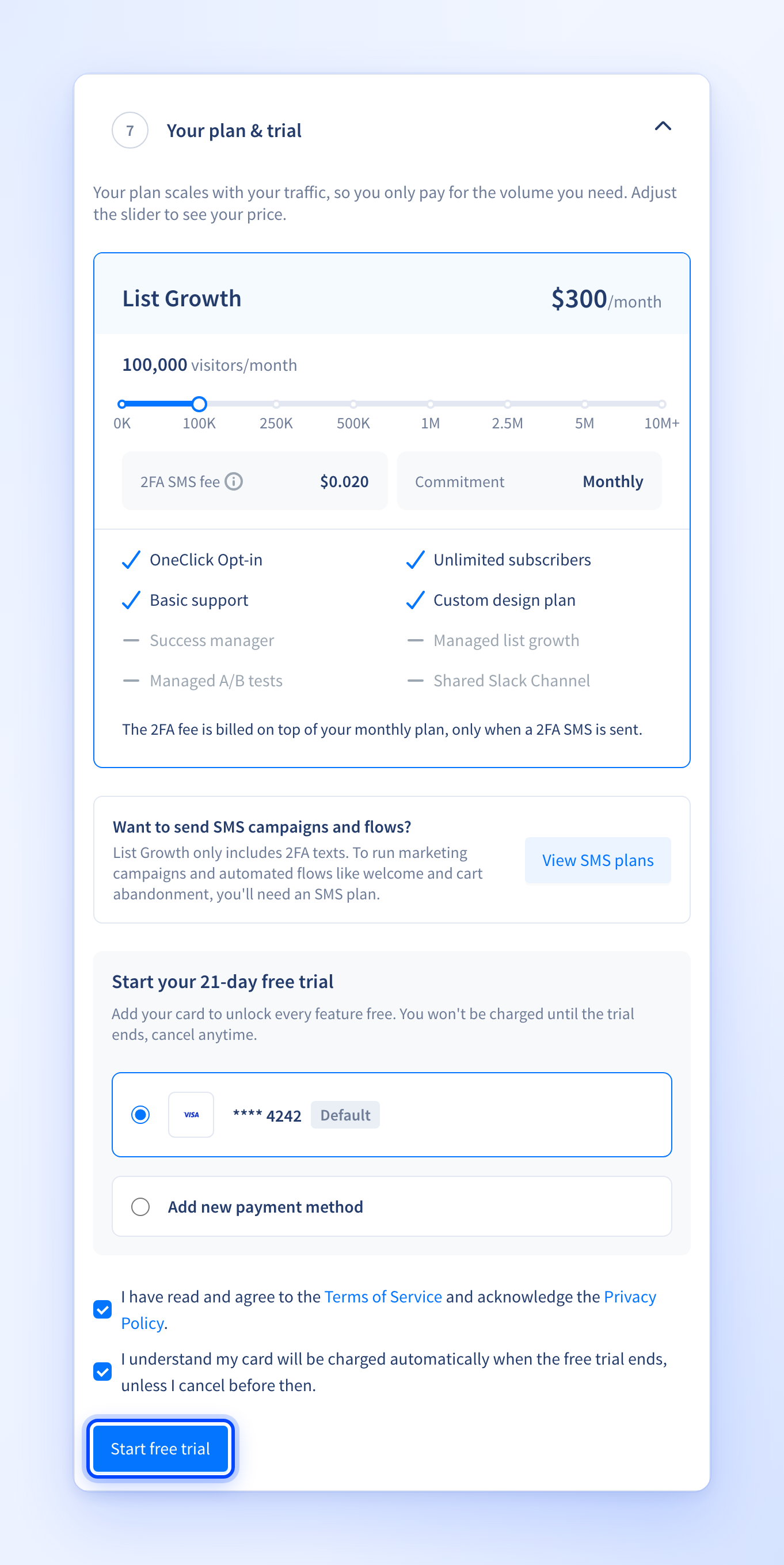 Your plan and trial step with the traffic slider, payment method options, two consent checkboxes and the Start free trial button