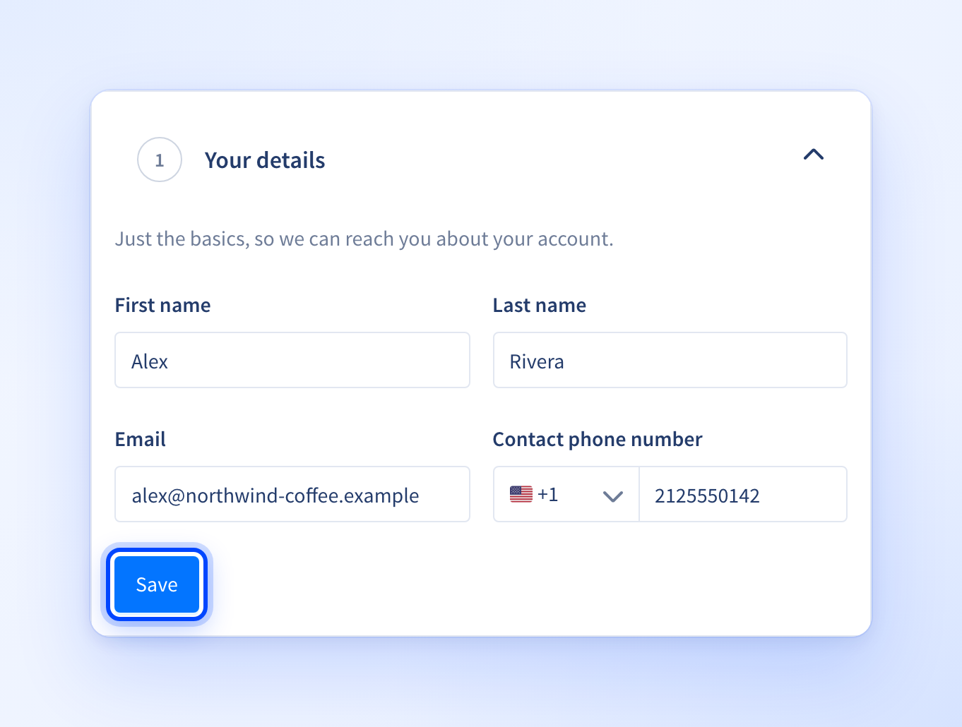 Your details step with fields for first name, last name, email and contact phone number