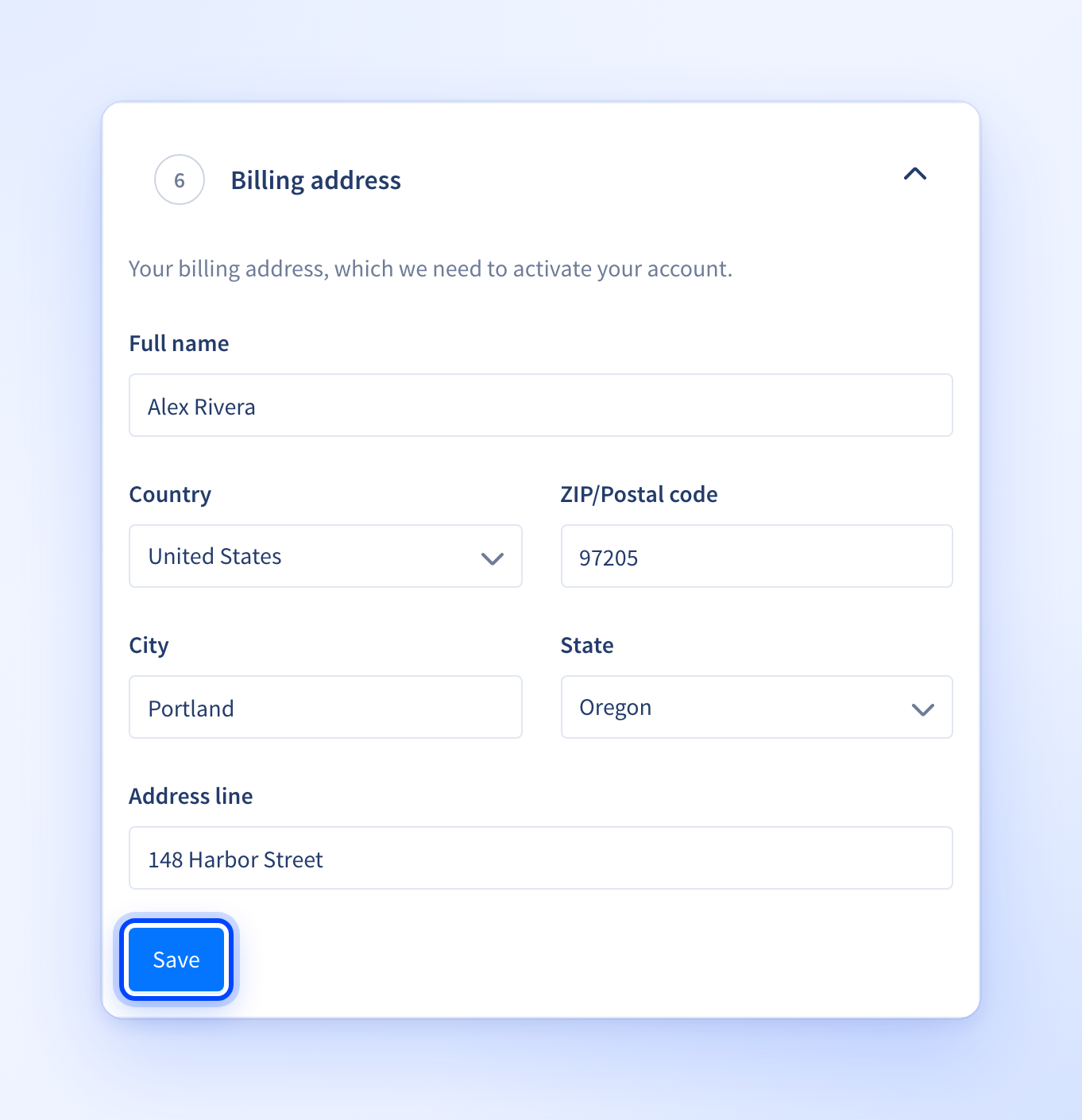 Billing address step with fields for full name, country, ZIP or postal code, city, state and address line
