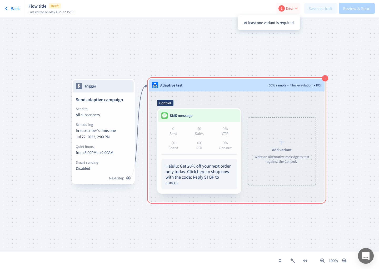 The Adaptive campaign canvas with a red warning badge showing what still needs attention