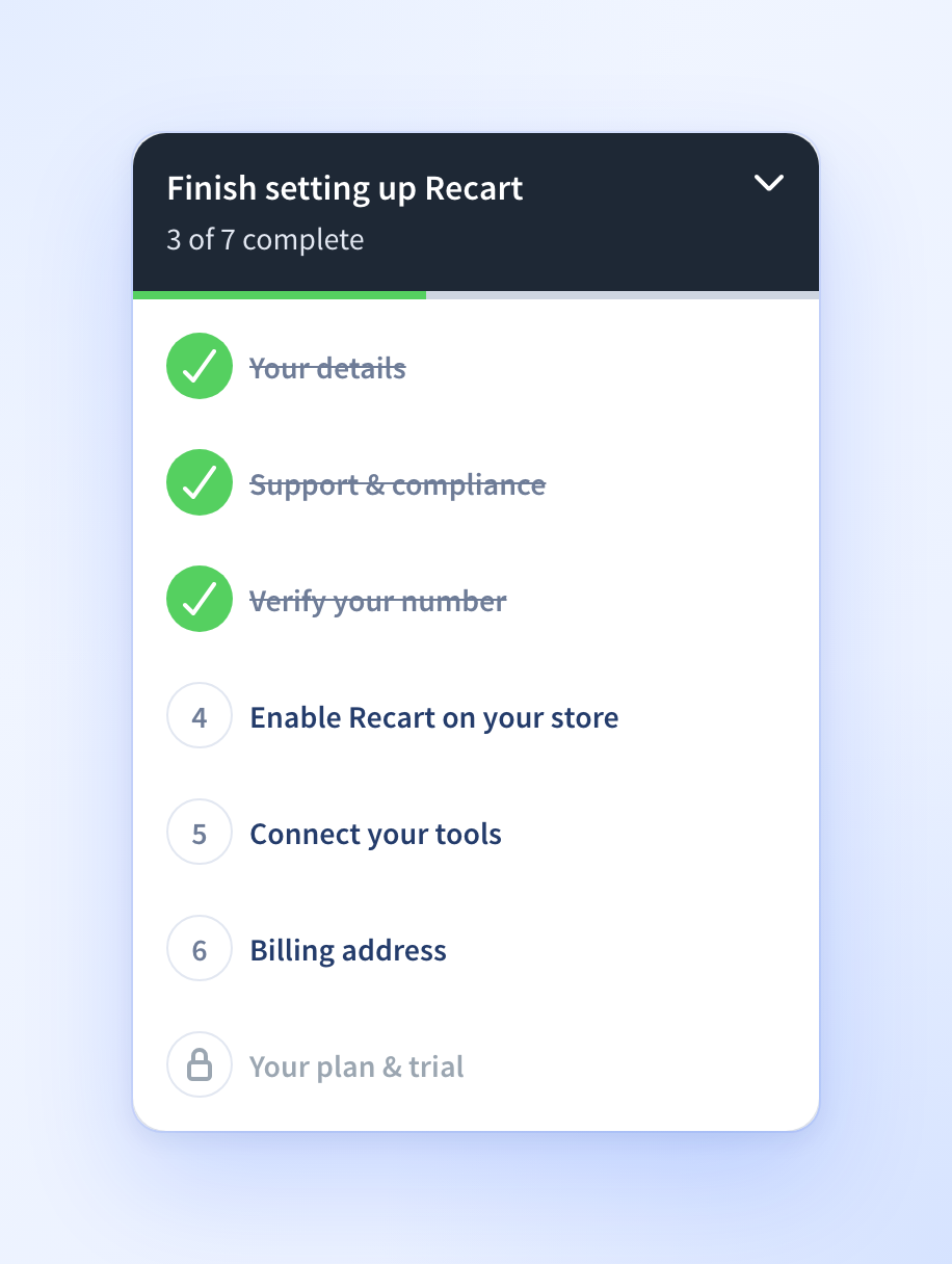 The Finish setting up Recart checklist open from the Setup button in the bottom right corner of the dashboard